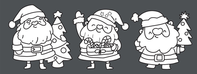 Christmas, cute cartoon, elements, lines, white, coloring, illustration, Santa, card