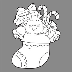 Christmas, cute cartoon, elements, lines, white, coloring, illustration, Santa, card