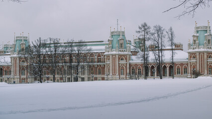 Fototapeta premium Tsaritsyno is a palace and park ensemble in the south of Moscow, founded by order of Empress Catherine II in 1776. An ancient palace in the winter cold. Snow drifts in front of the palace.