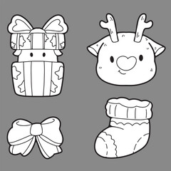 Christmas, cute cartoon, elements, lines, white, coloring, illustration, Santa, card