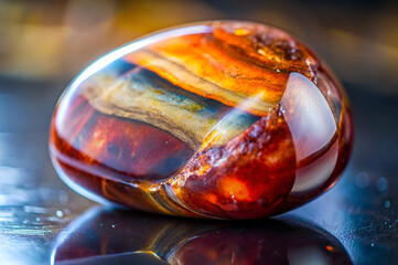 A smooth, colorful gemstone with swirls of amber, brown, and blue, reflecting light beautifully against a dark background.