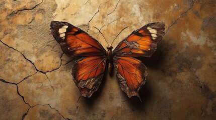 Kintsugi style design butterfly in wall. Old Vintage Ancient Concept. 