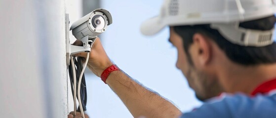 A man in a red/blue shirt and white hard hat professionally installs a security camera on a building, with a gray sky in the background.