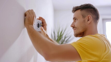 Man in yellow shirt adjusts a security camera on cracked white wall, focused on proper installation.