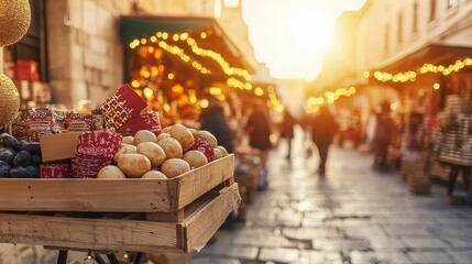 Vibrant marketplace with Hanukkah decorations for sale, Hanukkah market scene, Holiday shopping