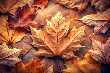 A close-up of various autumn leaves displaying rich hues of orange, brown, and yellow on a soft background, creating a warm, seasonal ambiance.
