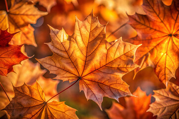 Fototapeta premium A vibrant close-up of autumn leaves, showcasing rich golden and orange hues against a softly blurred background.