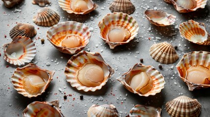 Fresh scallops presented on a dark stone surface with shells and seasonings. Arranged elegantly, highlighting freshness and style.