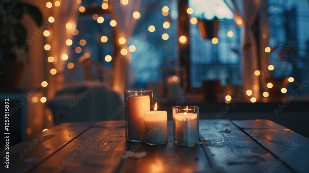 Poster the room is filled with a hazy glow from the string lights and candles adding to the cozy atmosphere