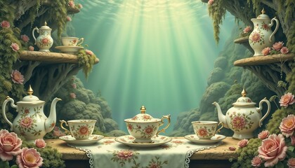 Fototapeta premium Elegant Tea Set in Enchanted Underwater Garden