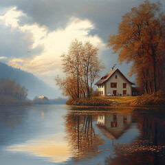 Fototapeta premium Landscape with house on lake