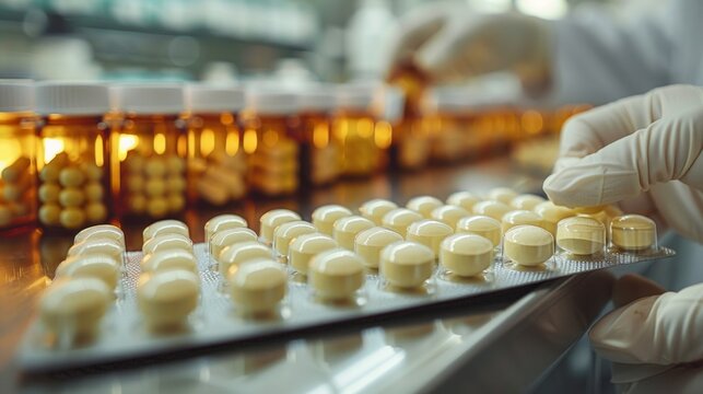 A worker inspects yellow tablets on a production line in a sterile environment with glass bottles in the background, emphasizing quality control in drug manufacturing.
