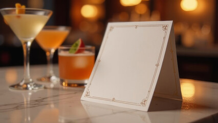 A stylish bar with two cocktails and a blank menu card mockup on a marble table