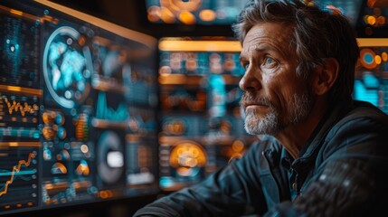 Fototapeta premium A bearded man in an office, looking at data on large screens with a serious expression. Bright screens illuminate his face, showing graphs and maps.