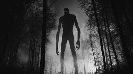 A Tall, Shadowy Figure Lurks in a Foggy Forest