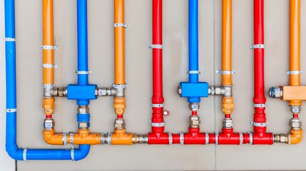 Top down shot of a detailed plumbing system layout with pipes valves and fittings installed within the foundation of a residential house