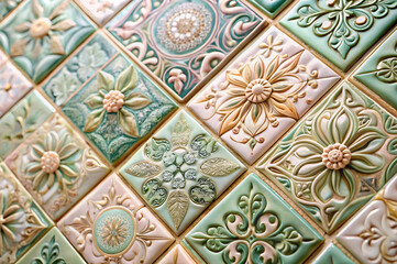 Decorative ceramic tiles feature intricate floral patterns in a blend of green and cream tones, creating a visually appealing texture.
