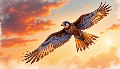 Obraz premium Mechanical Falcon Soaring at Sunset