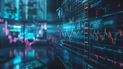 Obraz premium Financial market charts displayed on futuristic screens