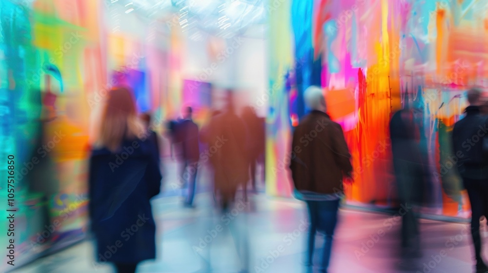 Poster the blurred scene of a crowded art installation with hints of colorful installations in the backgrou