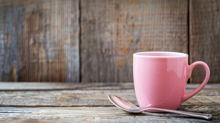 Obraz premium Pink cup with handle and teaspoon on wooden table (Copy space).