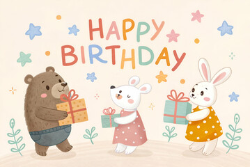 Fototapeta premium Cute animals celebrate a birthday, featuring a bear, rabbit, and a bunny holding gifts, with colorful 