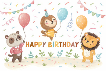 Naklejka premium A colorful birthday celebration featuring cute cartoon animals, balloons, and festive decorations, all centered around a joyful 