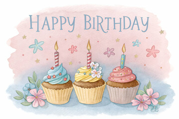 A cheerful birthday illustration featuring three colorful cupcakes with candles and flowers, set against a pastel background with “Happy Birthday” text.