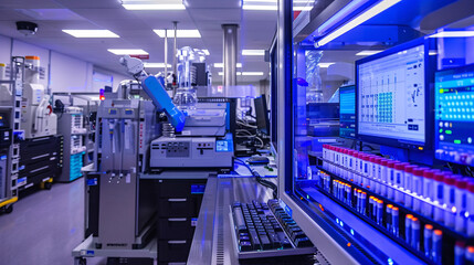 Modern laboratory featuring robotic equipment and automated sample processing, showcasing advancements in biotechnology, diagnostics, and laboratory automation for research and healthcare