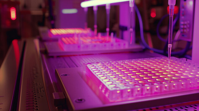 Close-up of an automated pipetting system dispensing liquids into a microplate tray, illuminated by vibrant pink and purple lighting