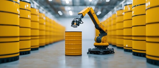 Robotic arm safely maneuvering toxic waste barrels in an industrial hazardous storage area