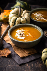 Autumn harvest soup and decorative gourd