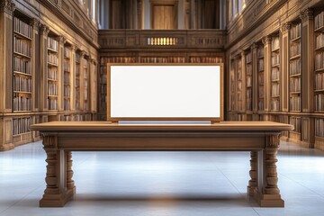 Elegant wooden table in a grand library with a large blank screen for presentations or events