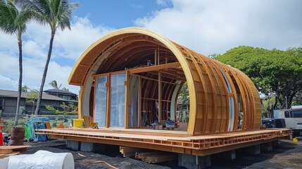Pacific Islander innovators designing platforms for circular construction in prefabricated buildings, promoting eco-friendly construction techniques.