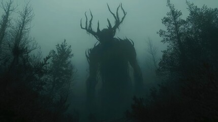 A Silhouette of a Forest Monster in a Foggy Forest