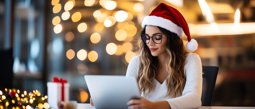 portrait of young christmas businesswoman in red santa hat isolated over gray board background with copy space sitting in the office and working on computer