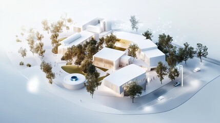 Modern architectural design showcasing a contemporary campus layout with greenery and water features in a serene setting