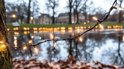 Festive String Lights Reflecting on Water for a Magical Christmas Spirit