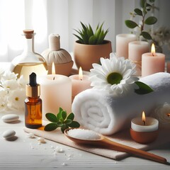 The bathroom features a luxurious concept spa background towel, massage candle bath, relax aromatherapy flower accessory, Zen therapy aroma beauty setting table, salt oil, and more.