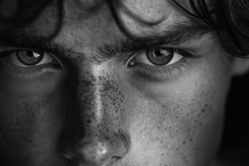 Obraz premium Intense close-up portrait of a freckled face in monochrome - expressive human emotion