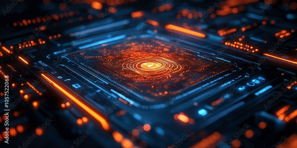 Poster futuristic circuit board with glowing elements in dark background