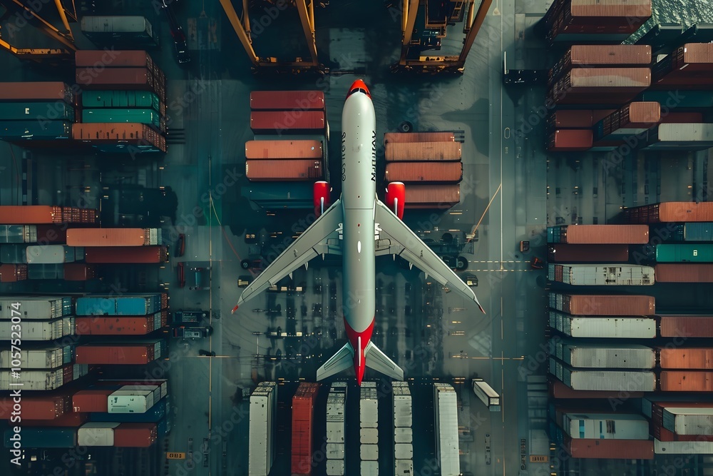 Poster aerial view of an airplane surrounded by shipping containers in a busy port