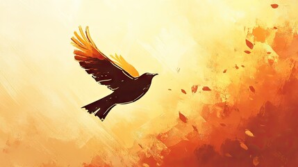 Fototapeta premium Bird silhouette gliding across a golden sunset, with the sun casting soft rays, filling the sky with a peaceful glow and warm hues.