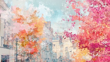 Watercolor image illustration of a cityscape with a beautiful autumn background
