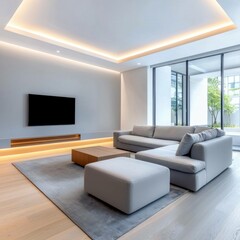 Bright and airy modern living room showcasing minimalist furniture and large windows. Ideal for depicting contemporary design and relaxation.