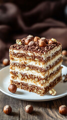 Tiramisu cake with hazelnuts and coffee powder on a white plate, resting on a wooden table