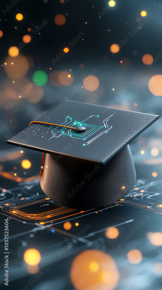 Poster celebrating the future a graduation cap adorned with ai circuit patterns symbolizing innovation and 
