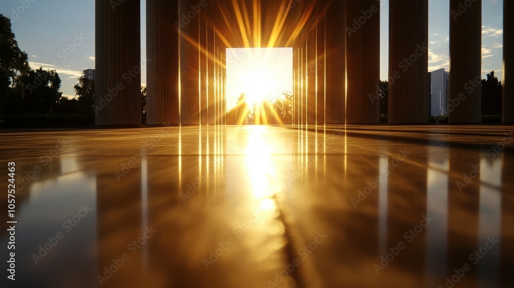 Poster sunlight streaming through architectural columns at dusk