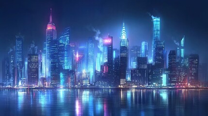 Fototapeta premium Cityscape on a dark blue background with bright glowing neon. Technological background of the city. 