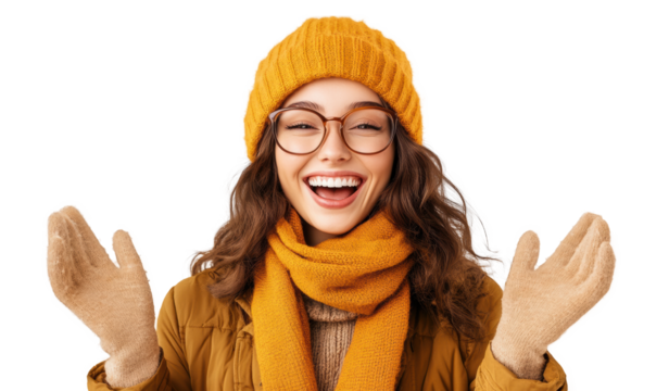 Woman Smiling in Winter Wear with Orange Accessories